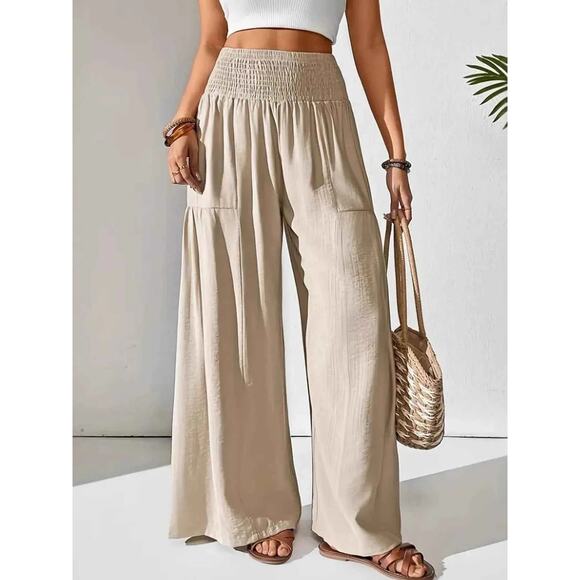 Smocked Waist Wide Leg Pants - Picture 1 of 8